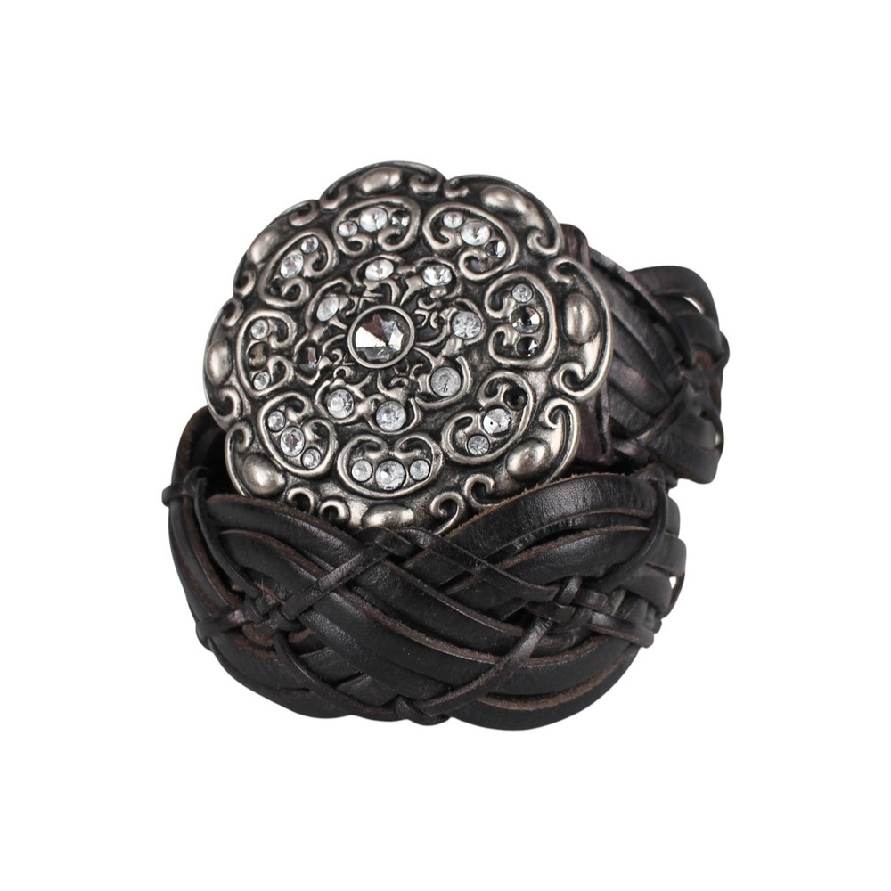 Vintage Fossil Black Braided Leather Belt Rhinestone Concho Buckle Boho Medium